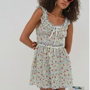 For Love & Lemons Floral Mini Dress in White with Red & Blue Accents